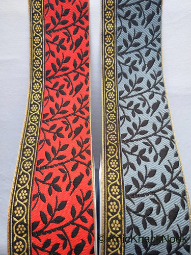 Grey / Red, Black And Gold Embroidered FloralTrim With Leaves, Approx. 56mm wide - 210119L37/38